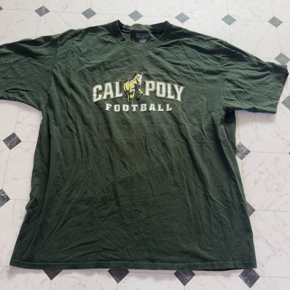 Vintage Champion Cal Poly Football T Shirt Mens 2XL Green Mustangs Logo Tee